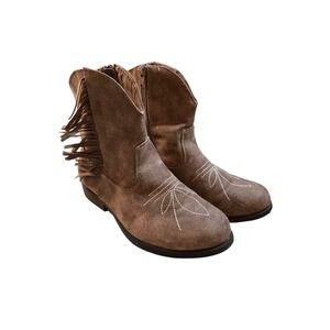 Austin Trading Co Yth Girl Cowgirl Boots Side Zipper 5D Brown Color Embroidered